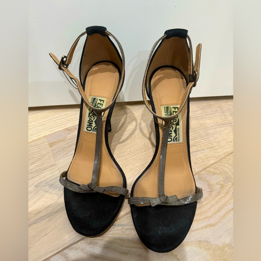 Ferragamo black suede 100mm heels size 6.5, used condition